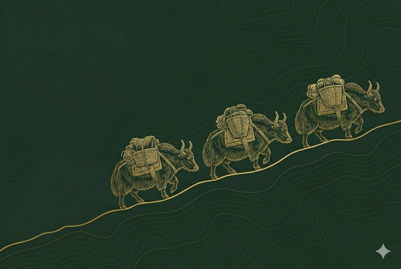 A caravan of laden Himalayan yaks climbing a rising gold ridge line, drawn in fine gold engraving on deep pine green